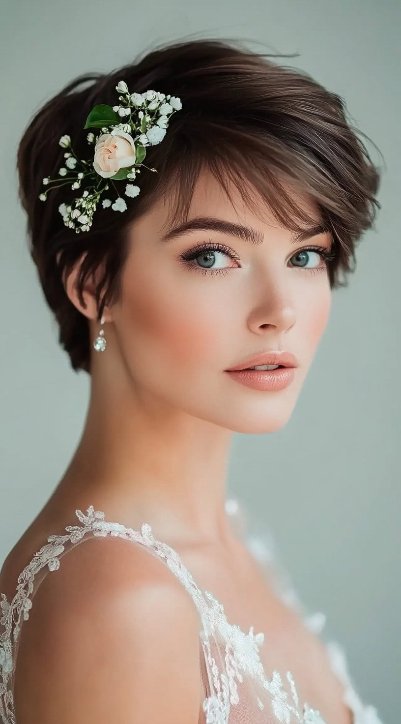 A short pixie cut with side-swept bangs adorned with delicate white flowers and greenery.