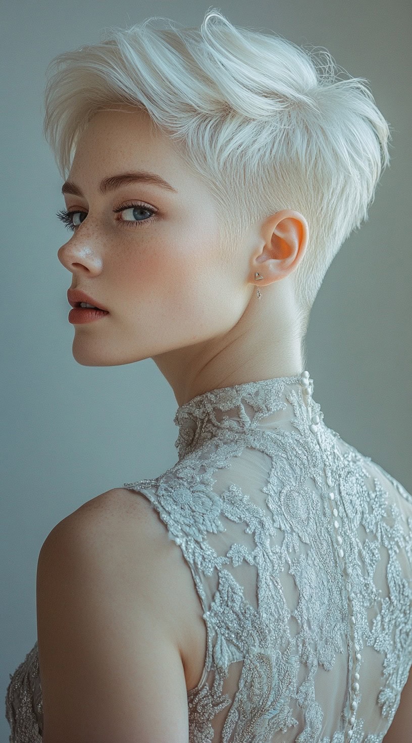 A platinum blonde pixie cut with tousled side-swept layers and a sleek undercut.