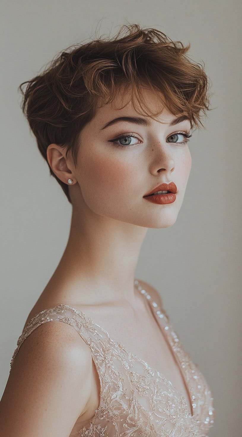 A woman with a short, tousled pixie cut with choppy layers, wearing a sparkly dress and subtle earrings.