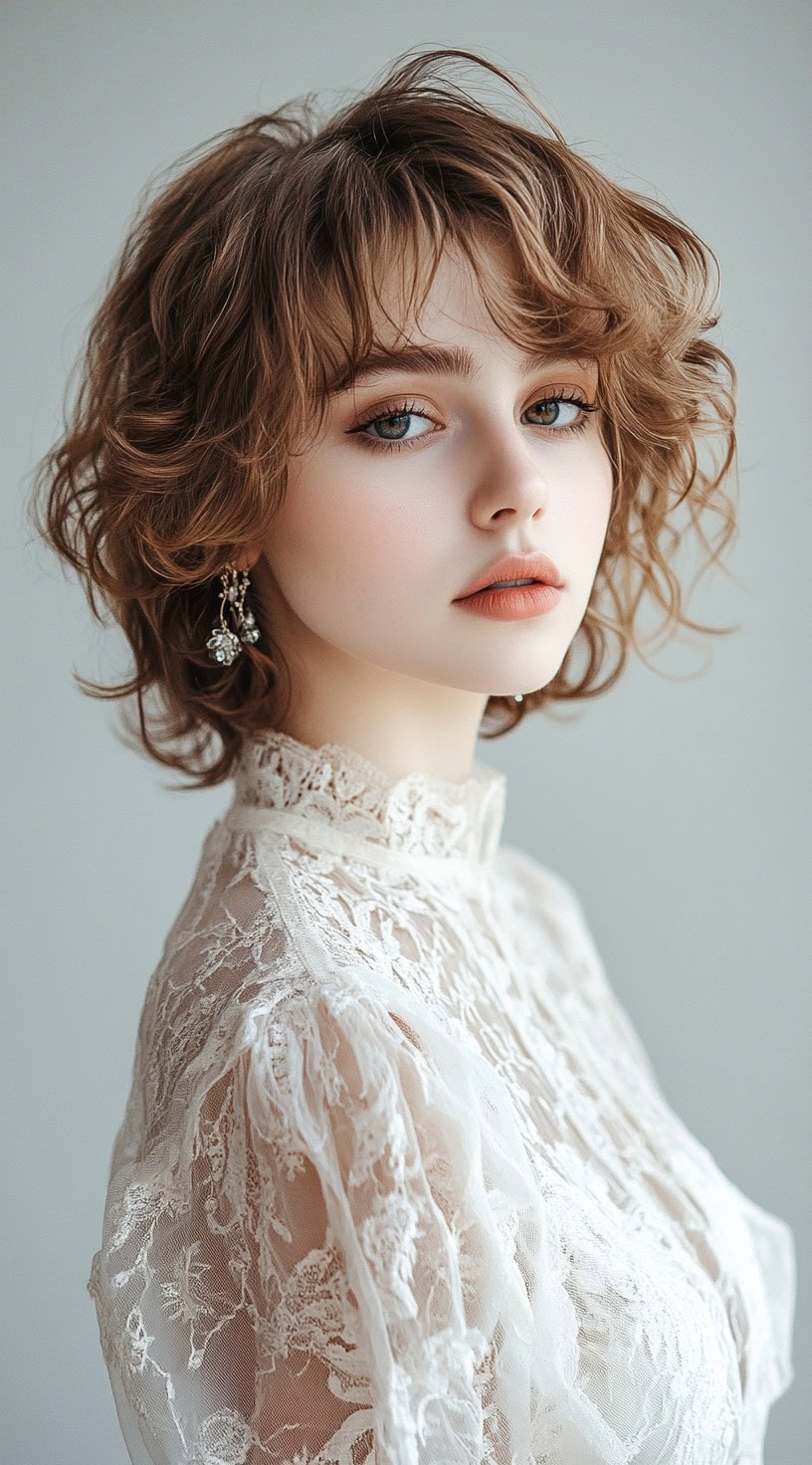 A woman with a curly bob featuring soft bangs, wearing a high-neck lace dress and chandelier earrings.