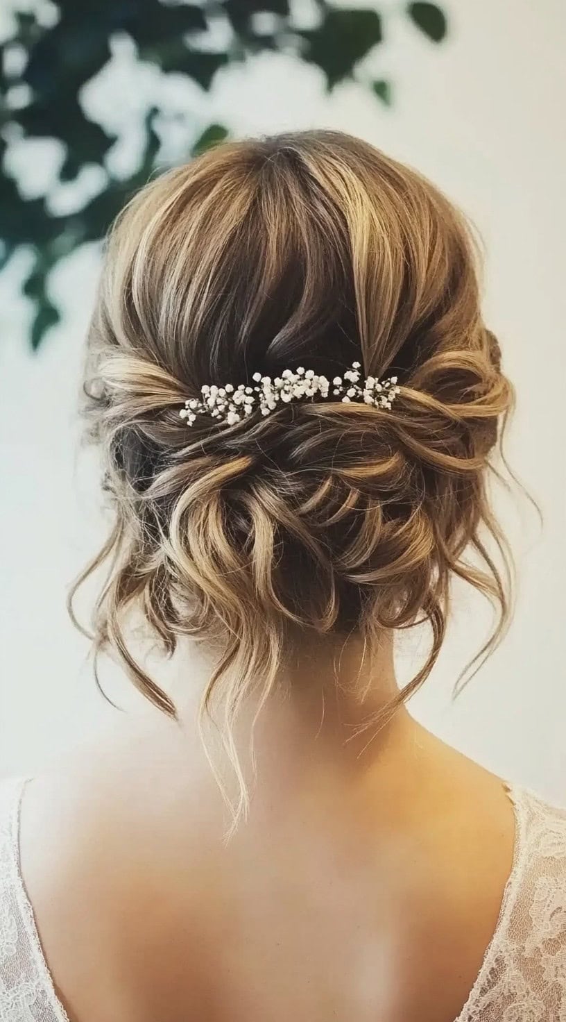 A softly curled low updo with delicate twists and a pearl hairpiece for an elegant touch.