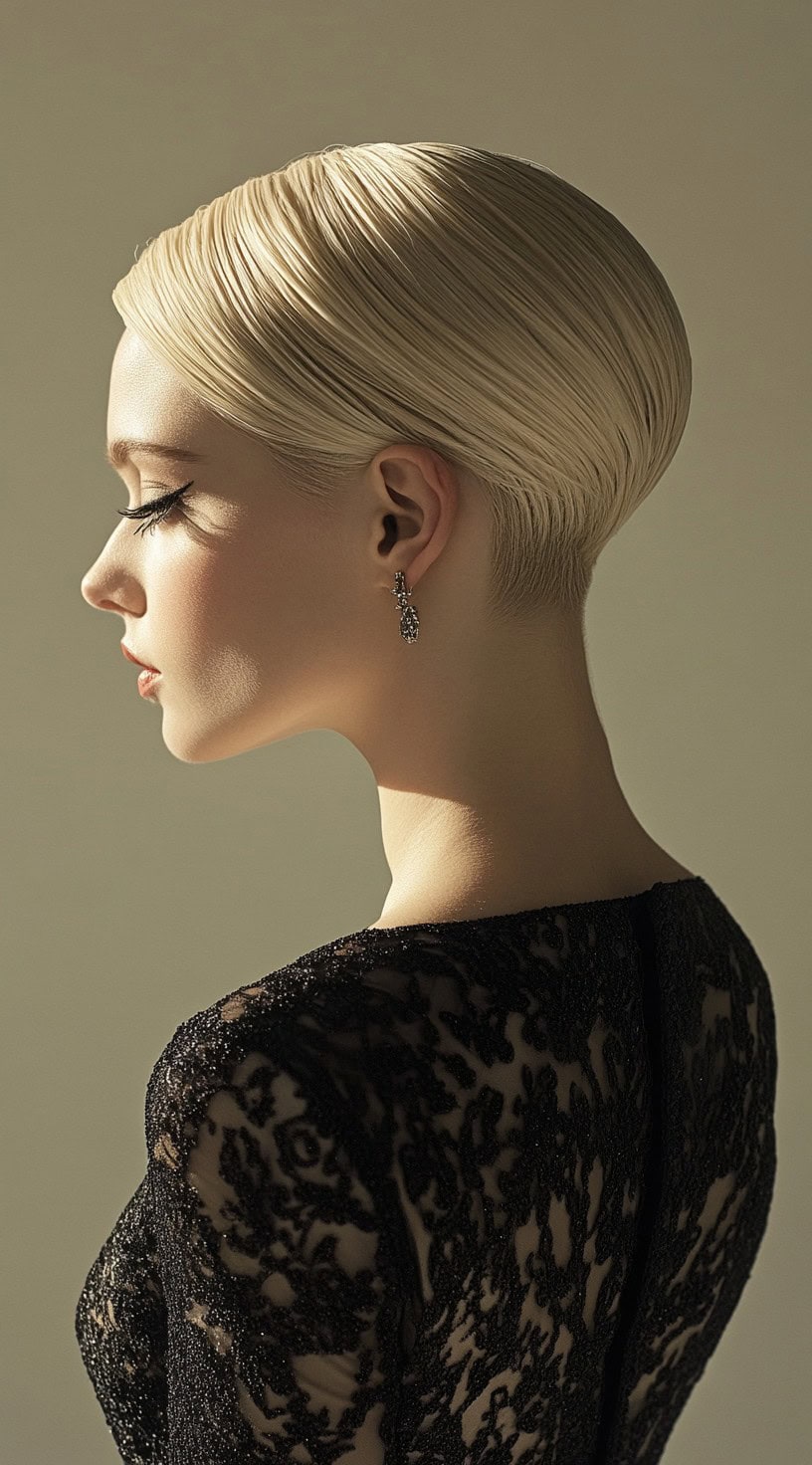 A woman with a sculpted, sleek pixie cut with a deep side part, wearing a black lace dress and drop earrings.