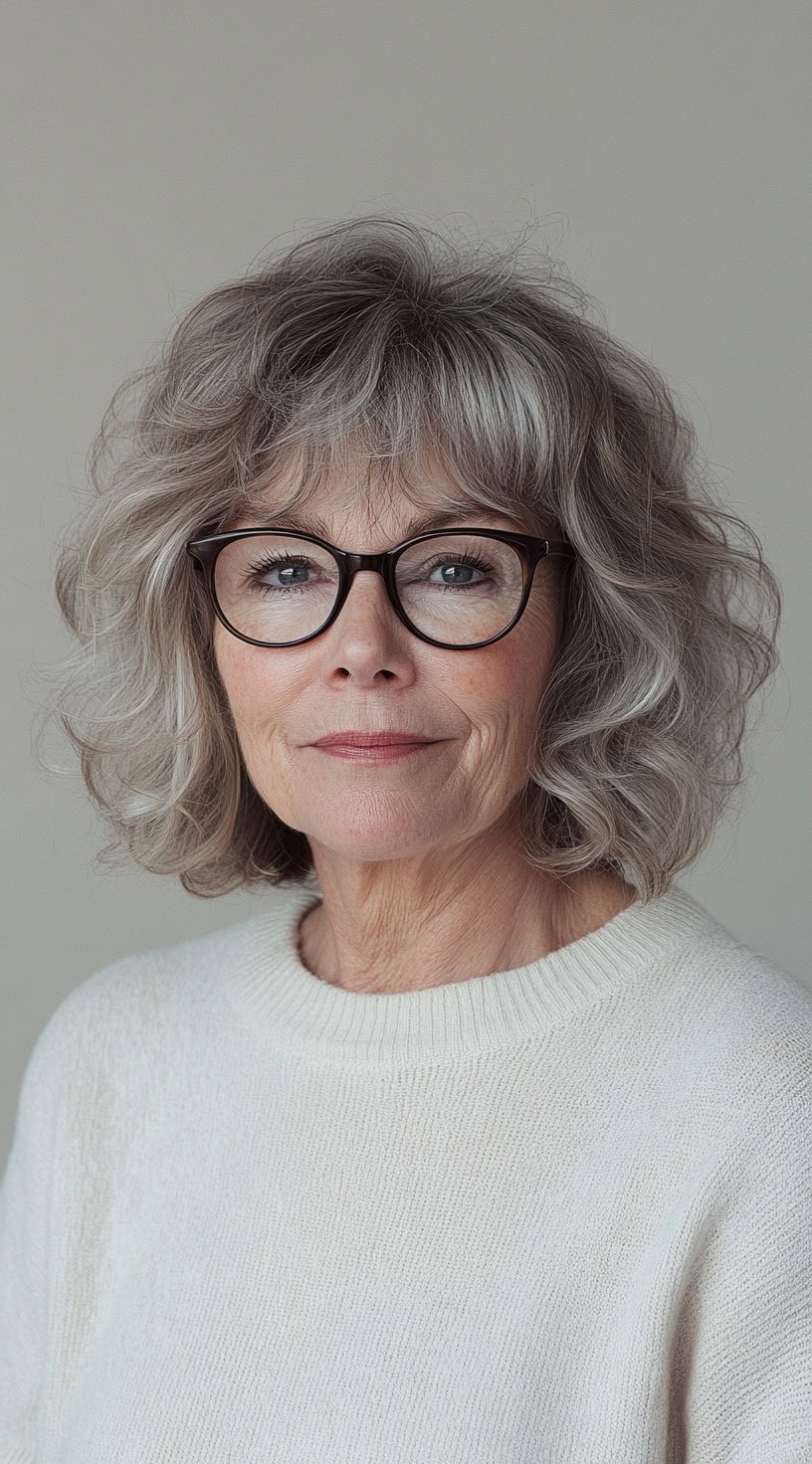 A woman with a voluminous short curly bob and layered bangs, wearing dark-rimmed glasses and a cream sweater.