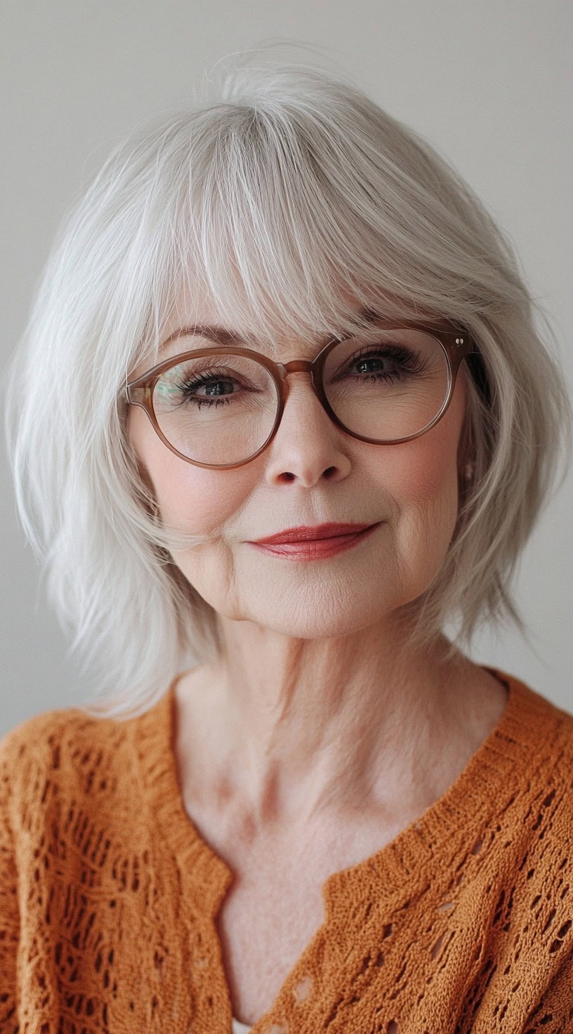 A woman with a short feathered bob and light bangs, wearing brown-framed glasses and an orange knit cardigan.