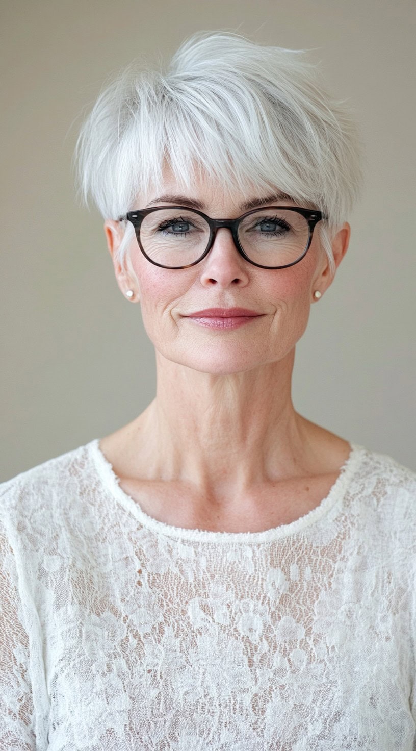 A woman with a short, layered pixie cut and side-swept bangs, wearing black glasses and a white lace top.