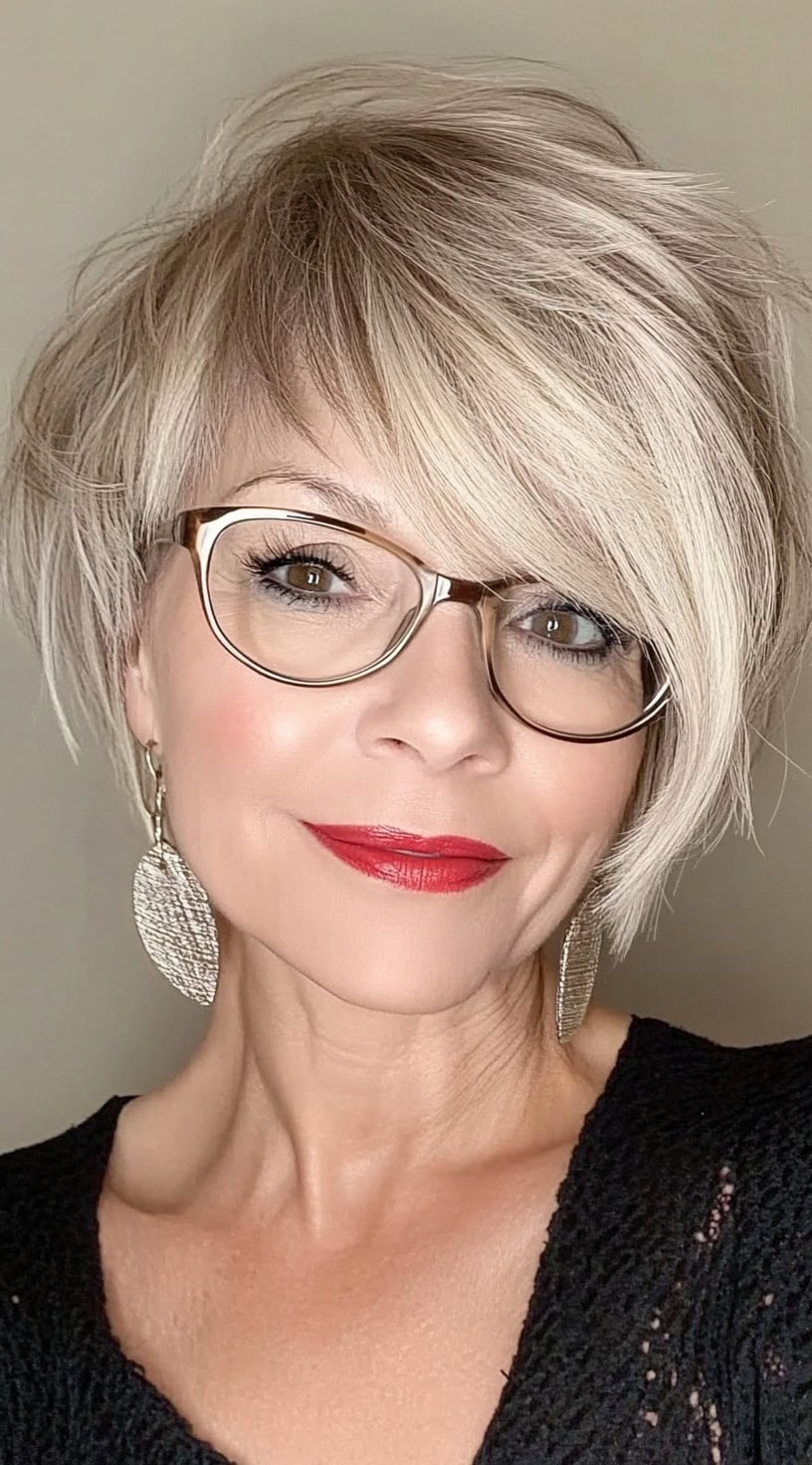 A woman with a short stacked bob and side-swept bangs, wearing oversized glasses and red lipstick, posing against a neutral background.