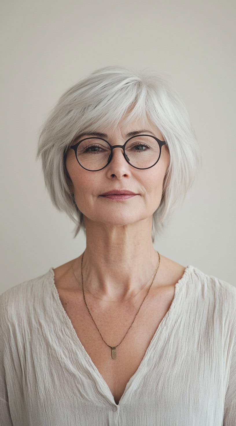 A woman with a short, textured bob and choppy bangs, wearing black-framed glasses and a cream-colored blouse.