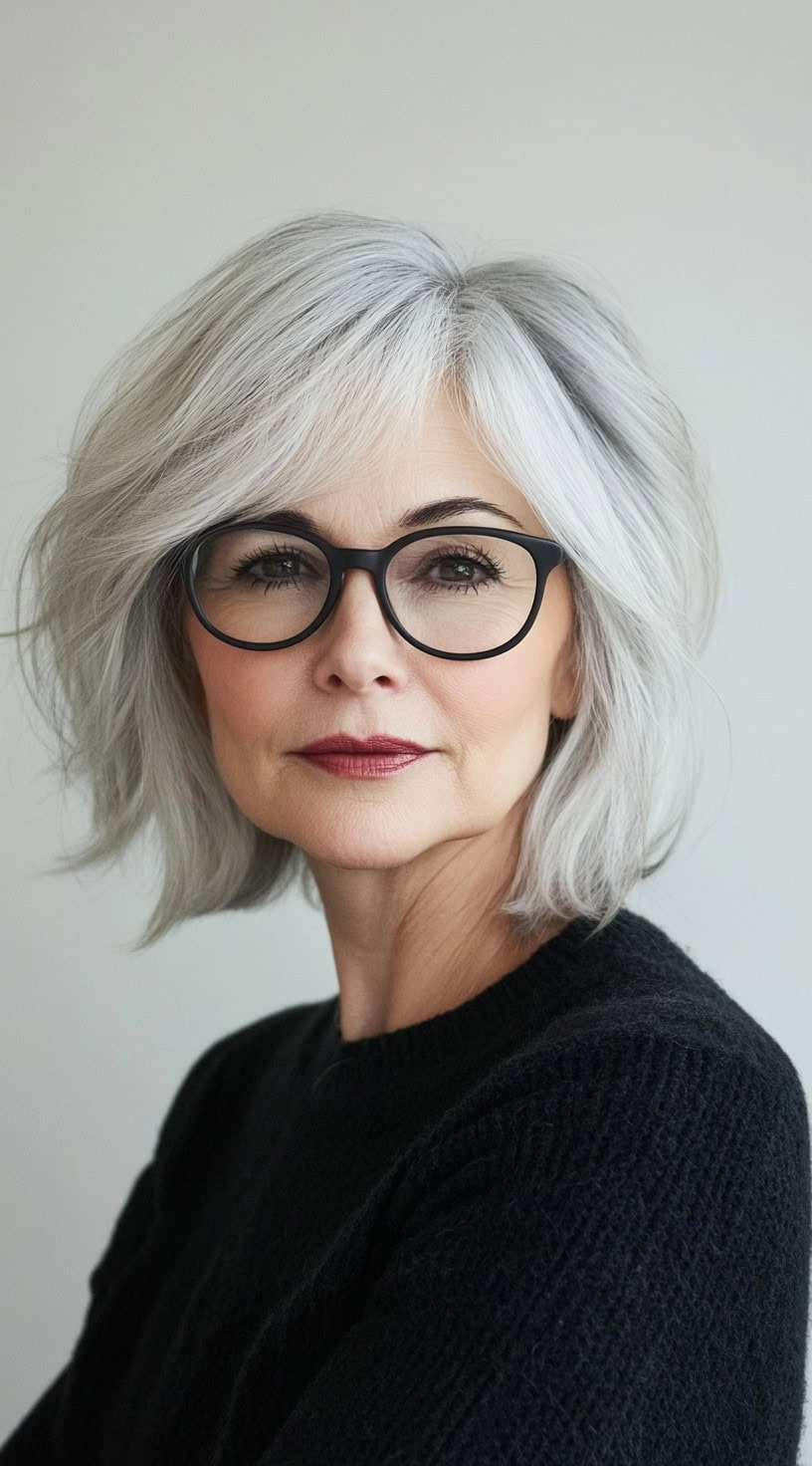 A woman with a voluminous layered bob and side-swept curtain bangs, wearing dark glasses and a black sweater.