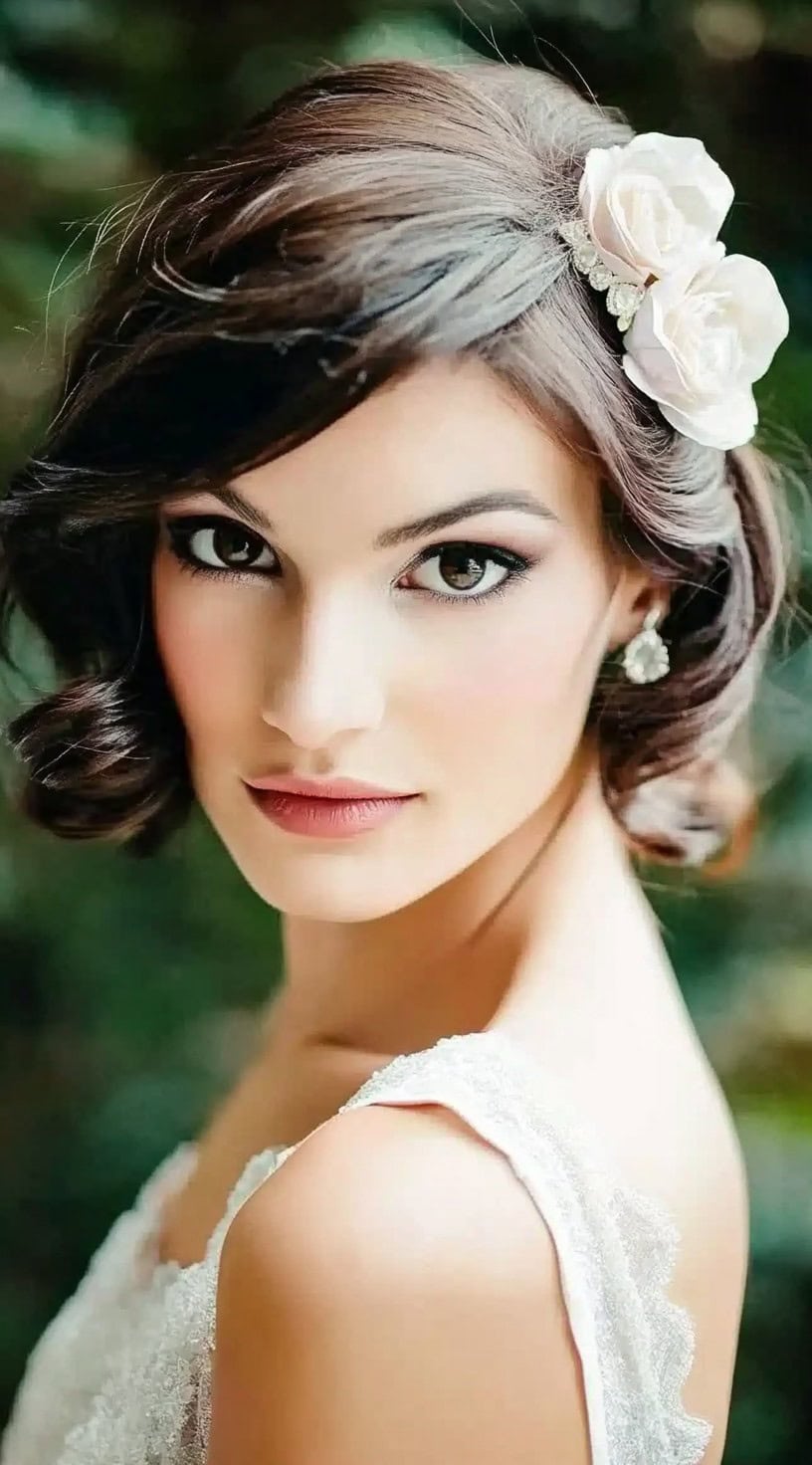 A sleek side-parted short bob with vintage-inspired curls and soft pink floral accessories.