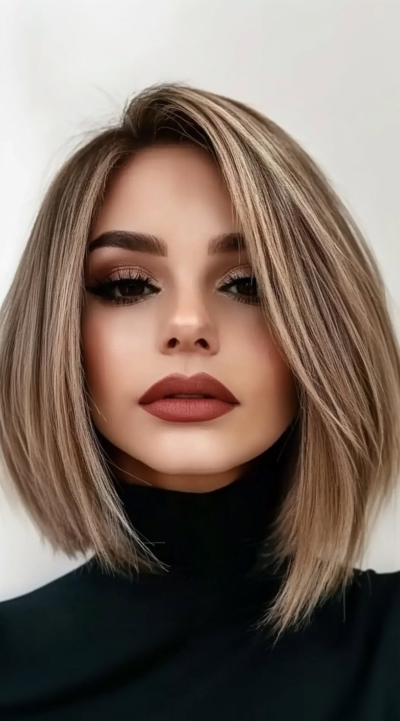 A sleek, straight asymmetrical bob with a side part and soft, face-framing highlights.