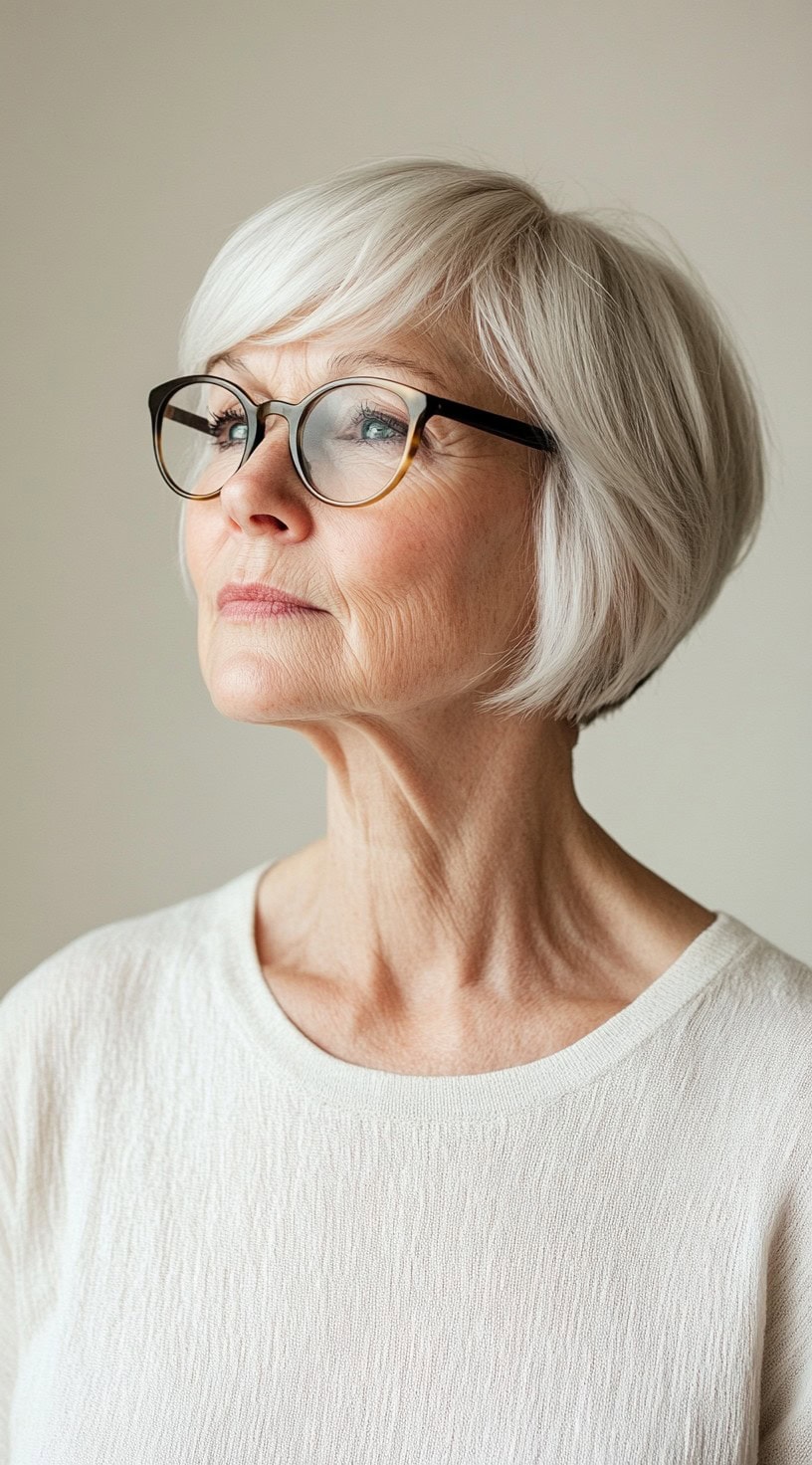 A woman with a sleek, chin-length French bob and side-swept bangs, wearing gradient glasses and a white blouse.