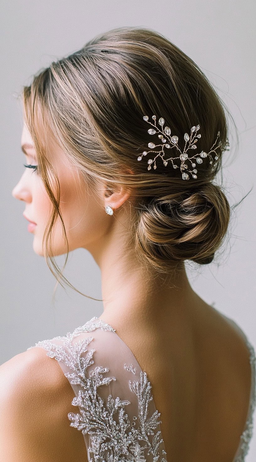 A sleek, polished low bun with a crystal vine hair accessory and soft face-framing tendrils.