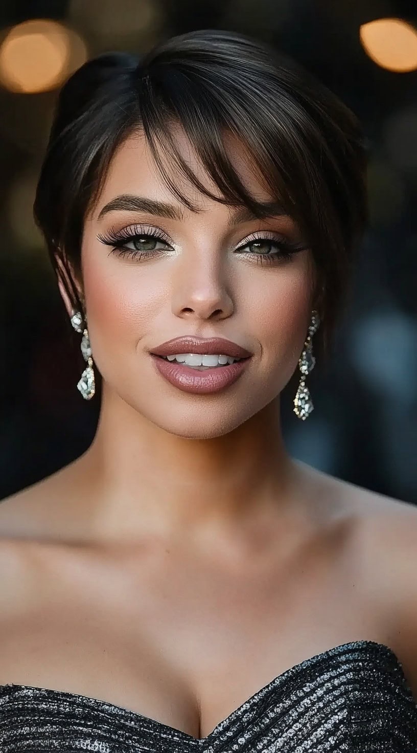 A woman with a sleek short pixie cut with soft side-swept bangs, wearing a sparkling gown and statement earrings.