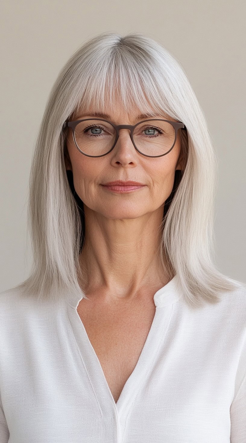 A woman with sleek, shoulder-length silver hair and blunt bangs, wearing round glasses and a white blouse.