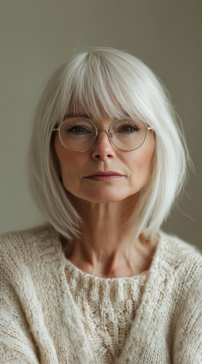 A mature woman with a soft blunt bob and wispy bangs, wearing round gold glasses and a beige knit sweater.