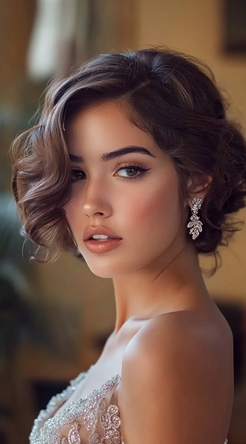 A softly curled bob styled in elegant finger waves with a voluminous side sweep.