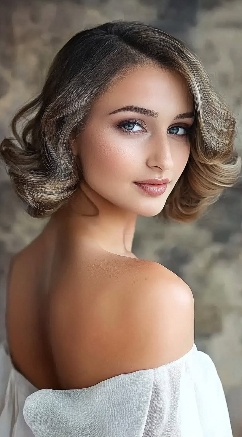 A shoulder-length bob styled in classic Hollywood waves with a deep side part for a glamorous touch.