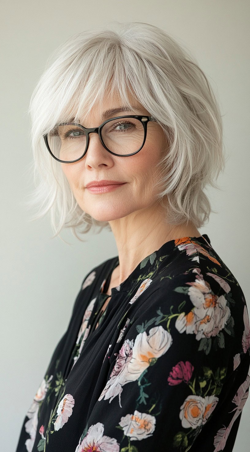 A mature woman with a tousled, layered bob and wispy bangs, wearing black-rimmed glasses and a floral black blouse.