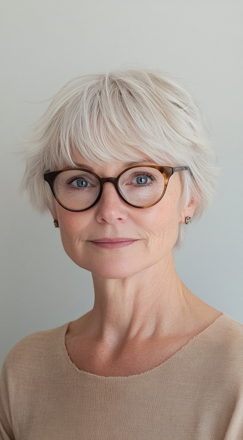 A woman with a short, feathered pixie bob and wispy bangs, wearing round glasses and a beige top.