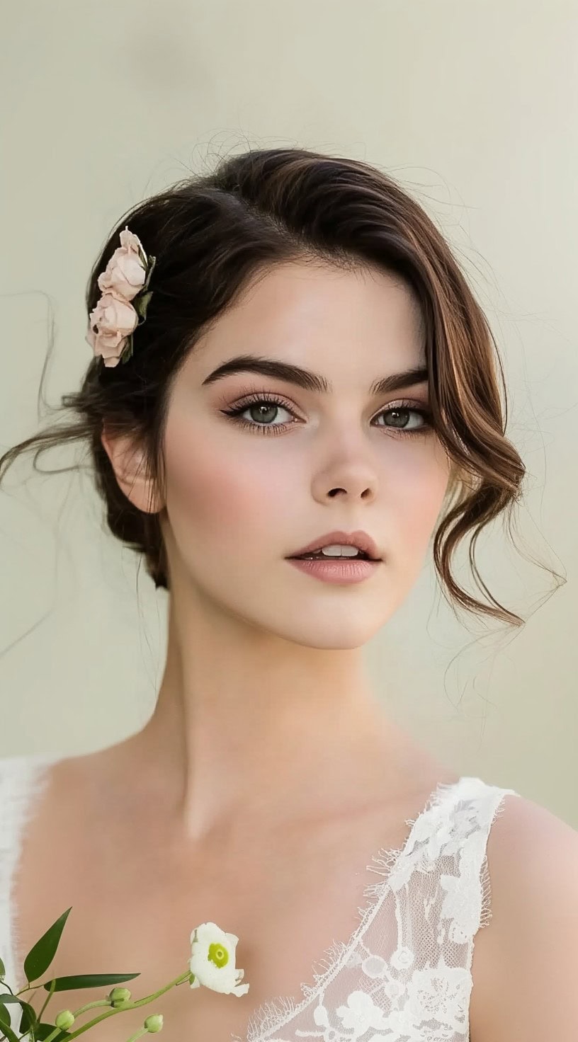 A loosely gathered low bun with soft, wispy tendrils and a delicate floral accent.