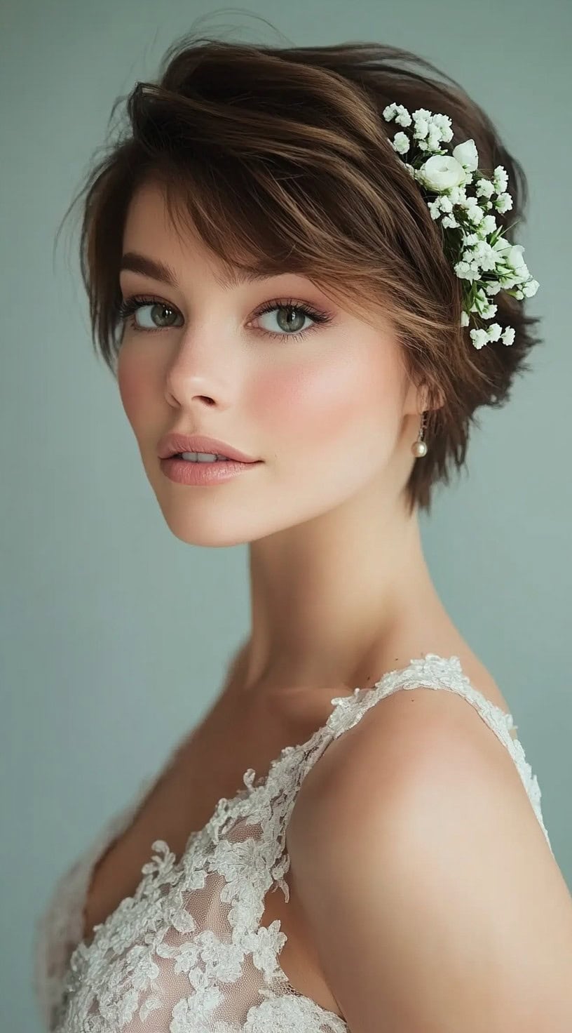 A woman with a soft, tousled pixie cut adorned with delicate white flowers on one side, wearing a lace dress.