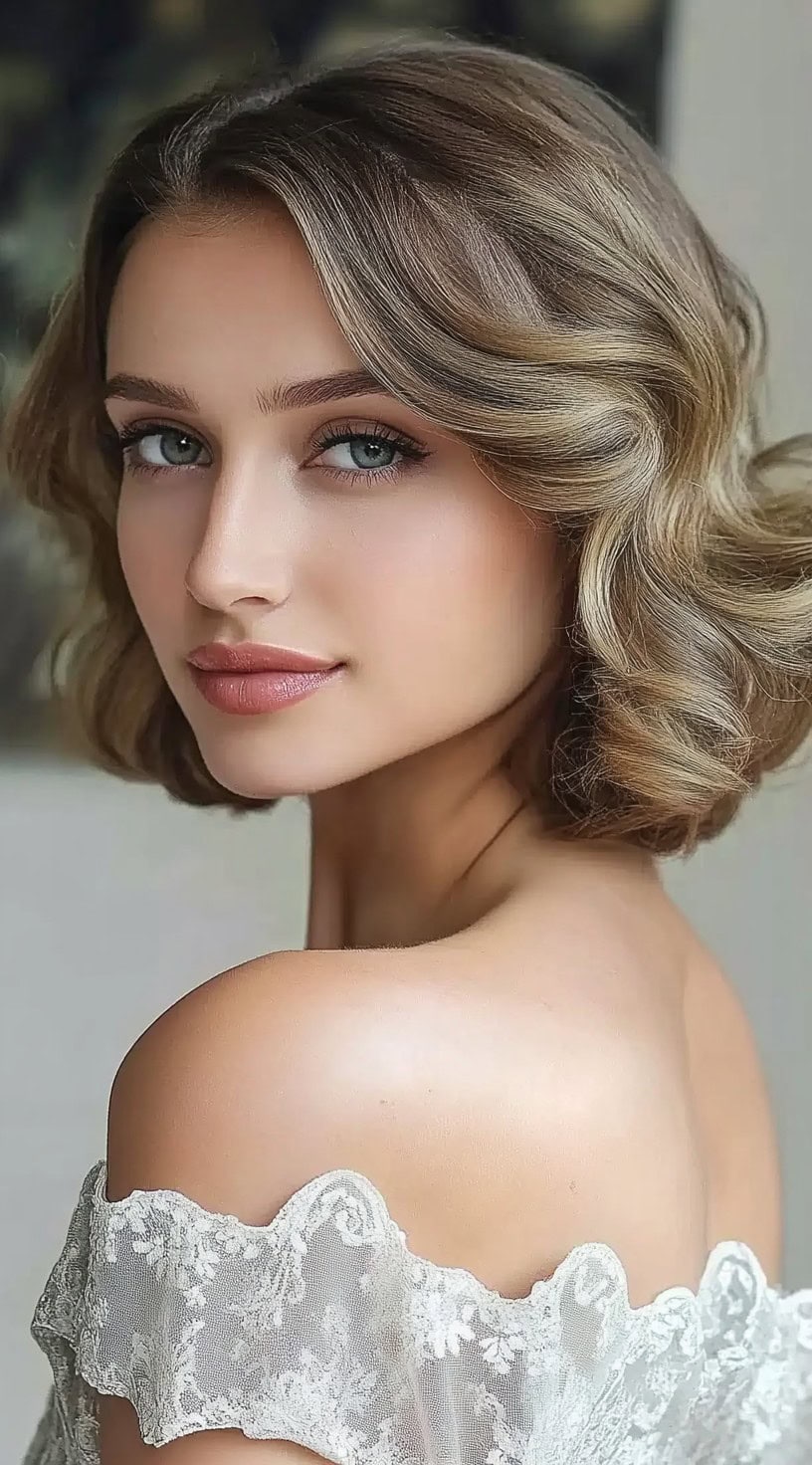 A woman with a softly curled bob, styled in vintage-inspired waves, wearing an off-the-shoulder lace dress.