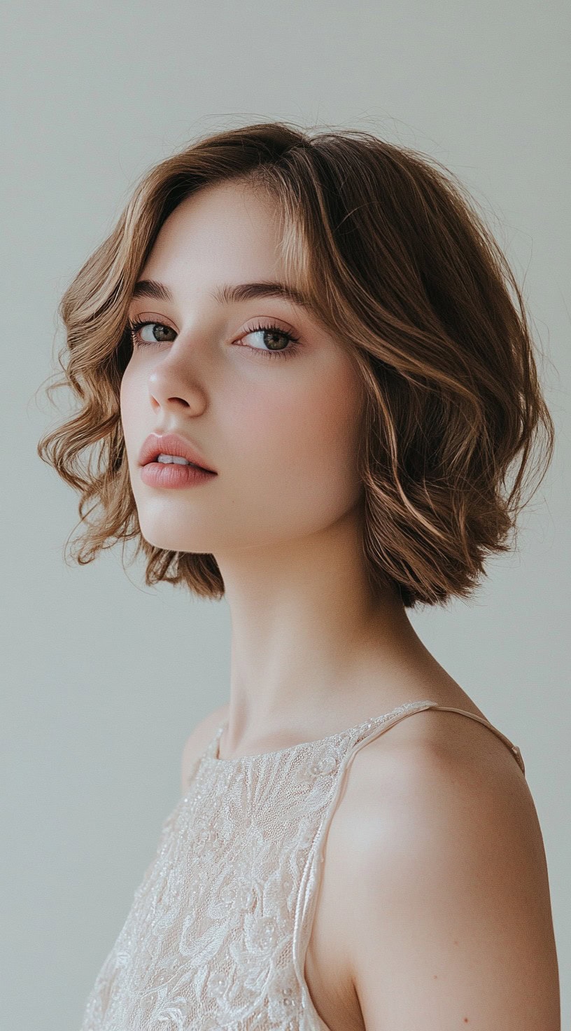 A woman with a softly curled classic bob, featuring a side part and natural waves, wearing an elegant beaded dress.