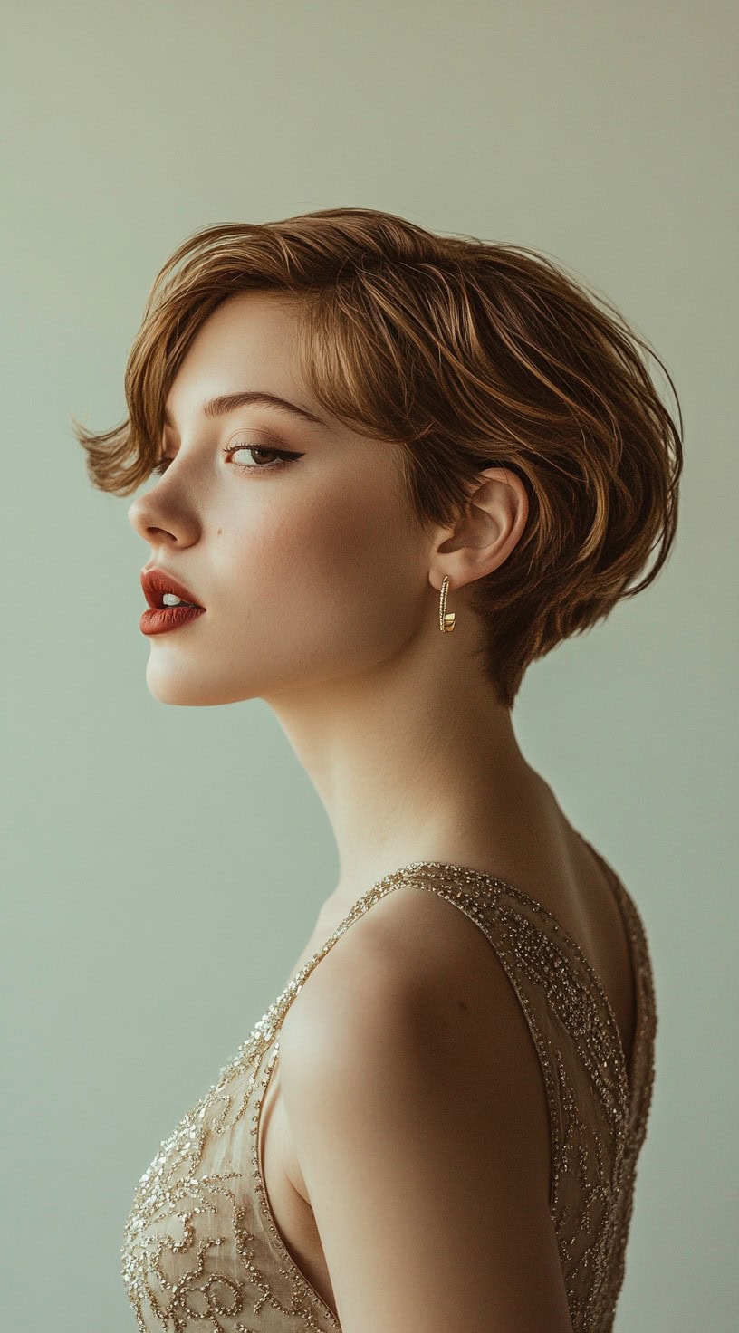 A woman with a softly layered pixie bob, styled with delicate waves, wearing a gold embroidered gown.