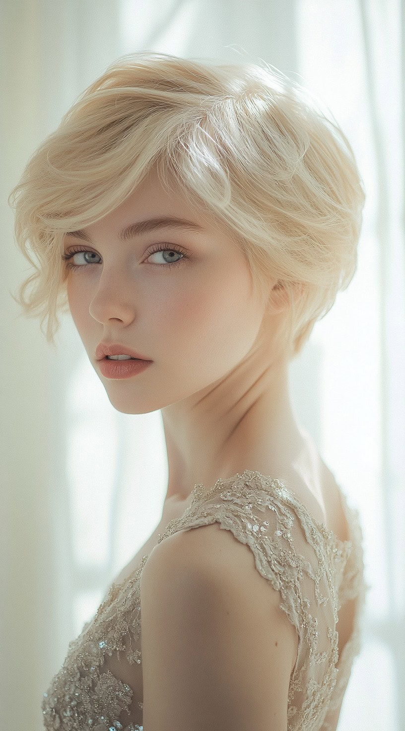 A voluminous, softly layered pixie cut with side-swept bangs for an airy and delicate look.