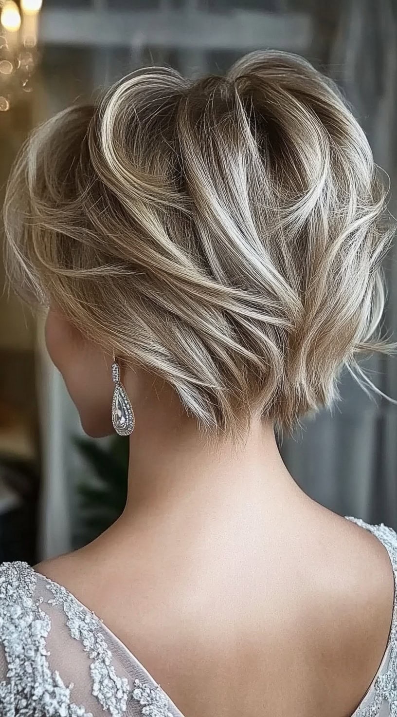 A woman with a textured blonde pixie bob styled in soft, feathered layers, wearing a silver dress and drop earrings.