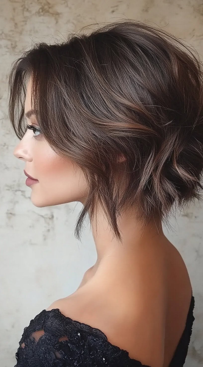 A woman with a textured choppy bob with tousled waves, featuring subtle highlights, wearing a black lace dress.