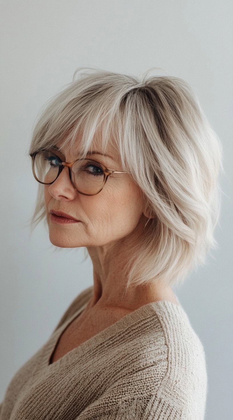 A woman with a textured, shaggy bob and piecey bangs, wearing round glasses and a beige knit sweater.
