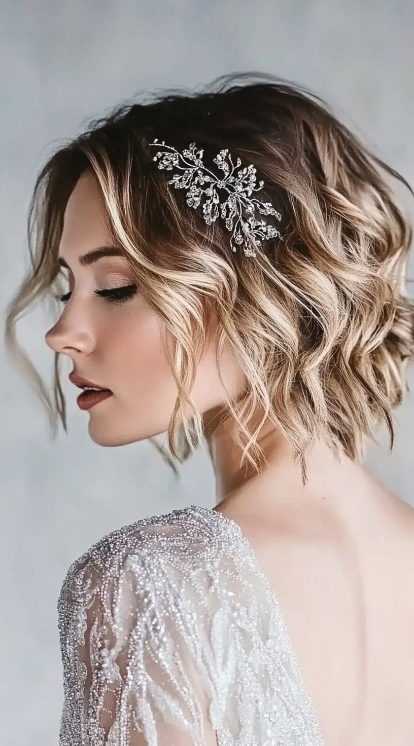 A softly tousled bob with beachy waves and a delicate crystal hairpiece on the side.