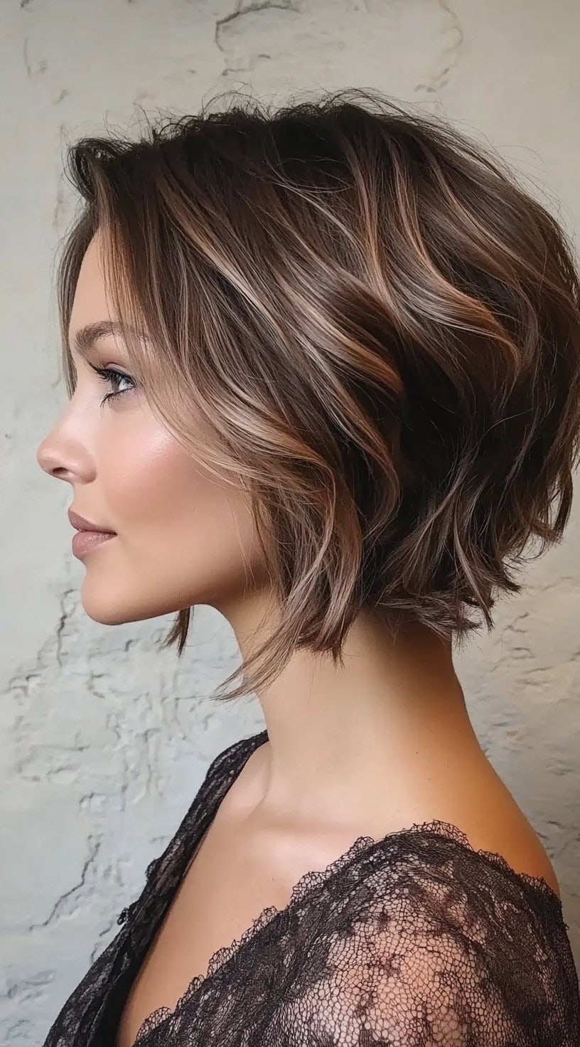 A textured chin-length bob with soft waves and a natural, effortless finish.