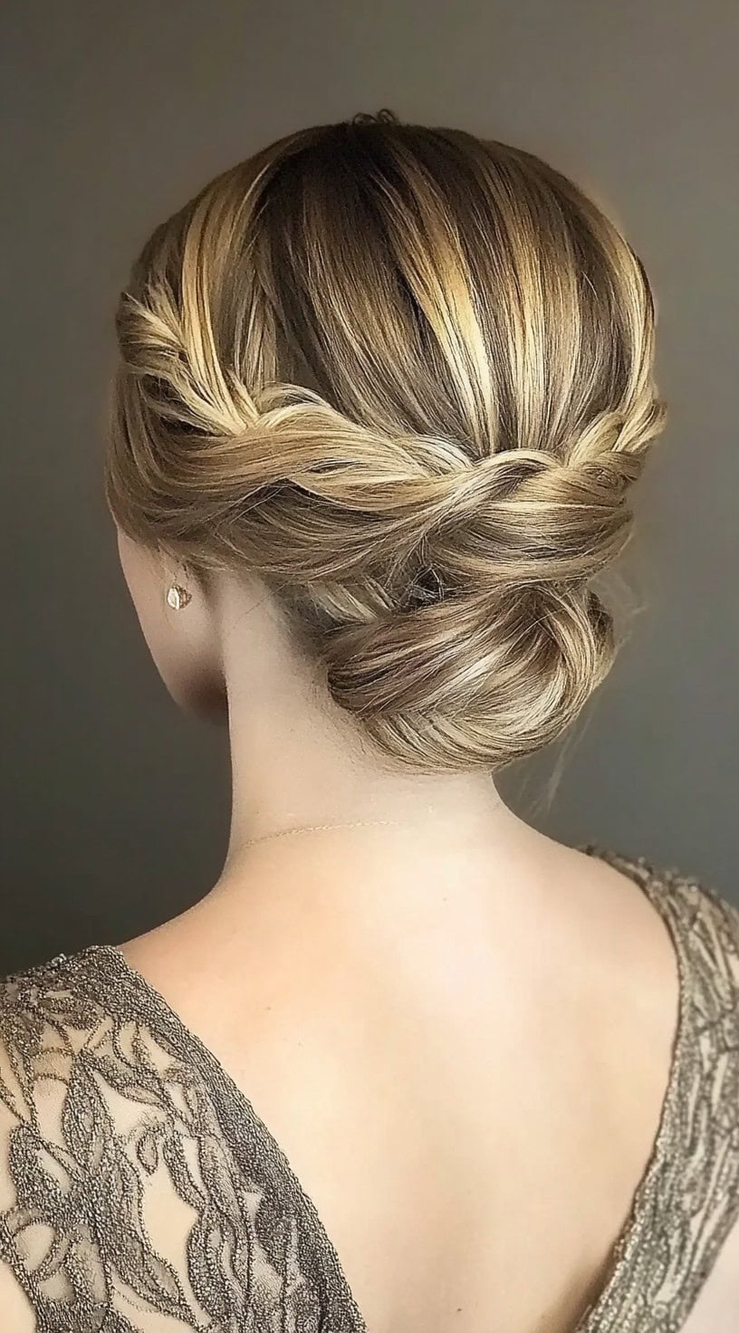 A woman with a blonde low bun featuring twisted and braided details, wearing a gold lace dress and pearl earrings.