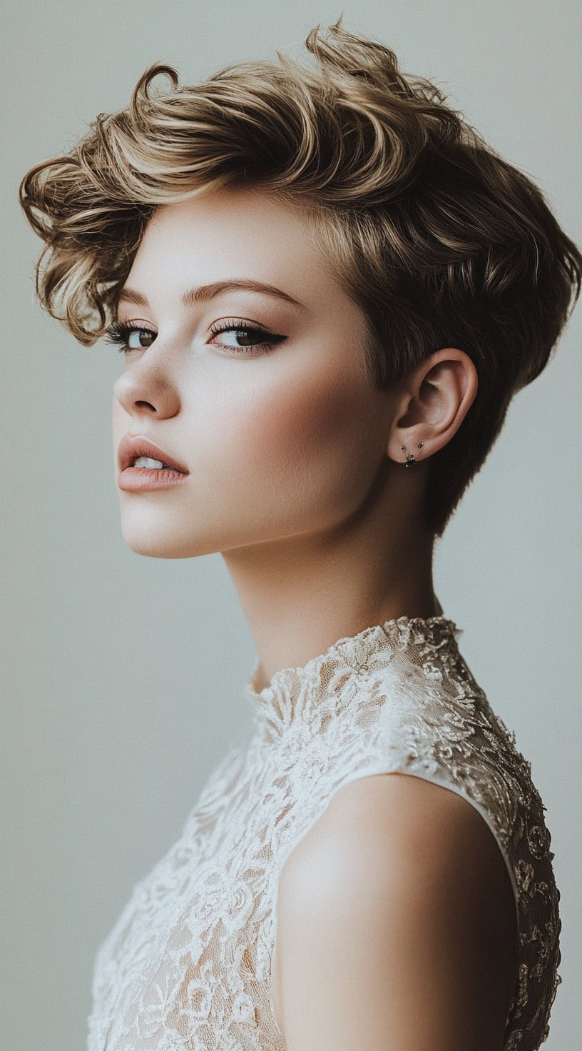 A short, voluminous pixie cut with tousled waves and a soft side-swept fringe.