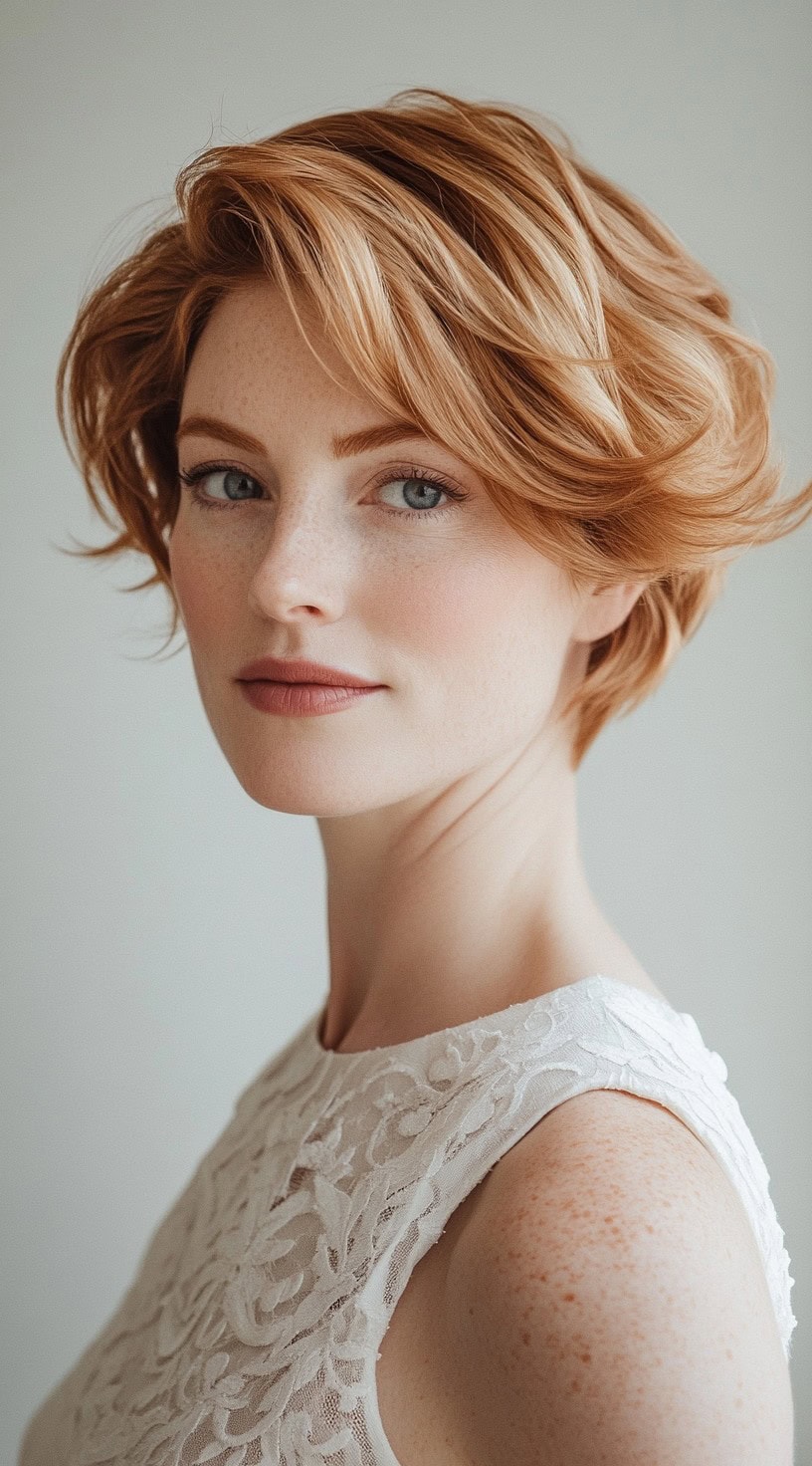 A woman with a voluminous wavy pixie cut, featuring side-swept layers, wearing a white lace dress.